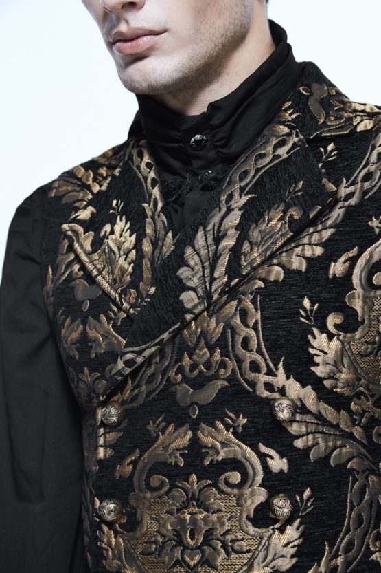closeup of gothic embroidered gold brocade collared waistcoat