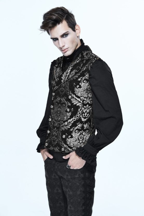 gothic embroidered black and silver brocade collared waist coat