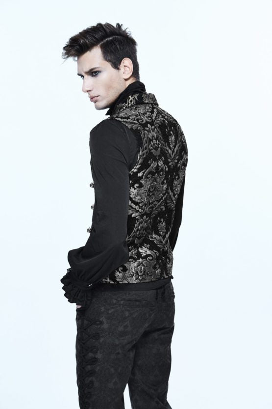 gothic silver and black embroidered brocade collared waistcoat