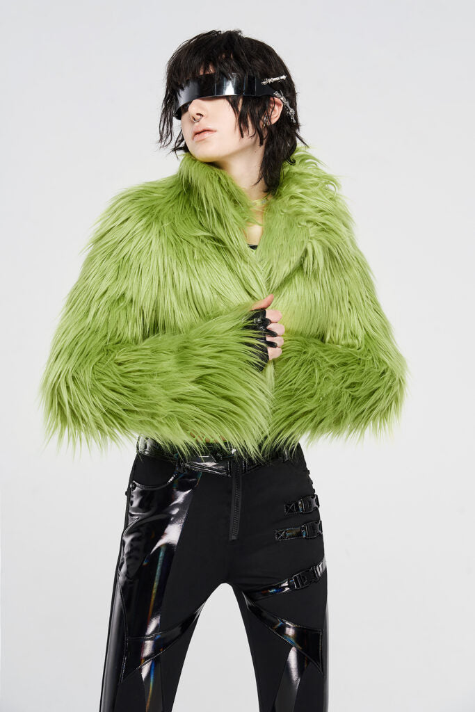 green punk cropped faux fur coat